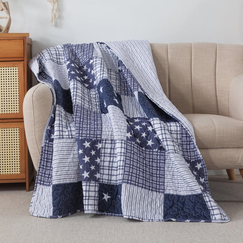 SLPR Americana Pride 50" x 60" Quilted Throw Blanket, Lightweight Patriotic Throw Quilt for Couch and Bed, Blue and White Lightweight Lap Quilt with Star and Plaid Pattern - Image 1